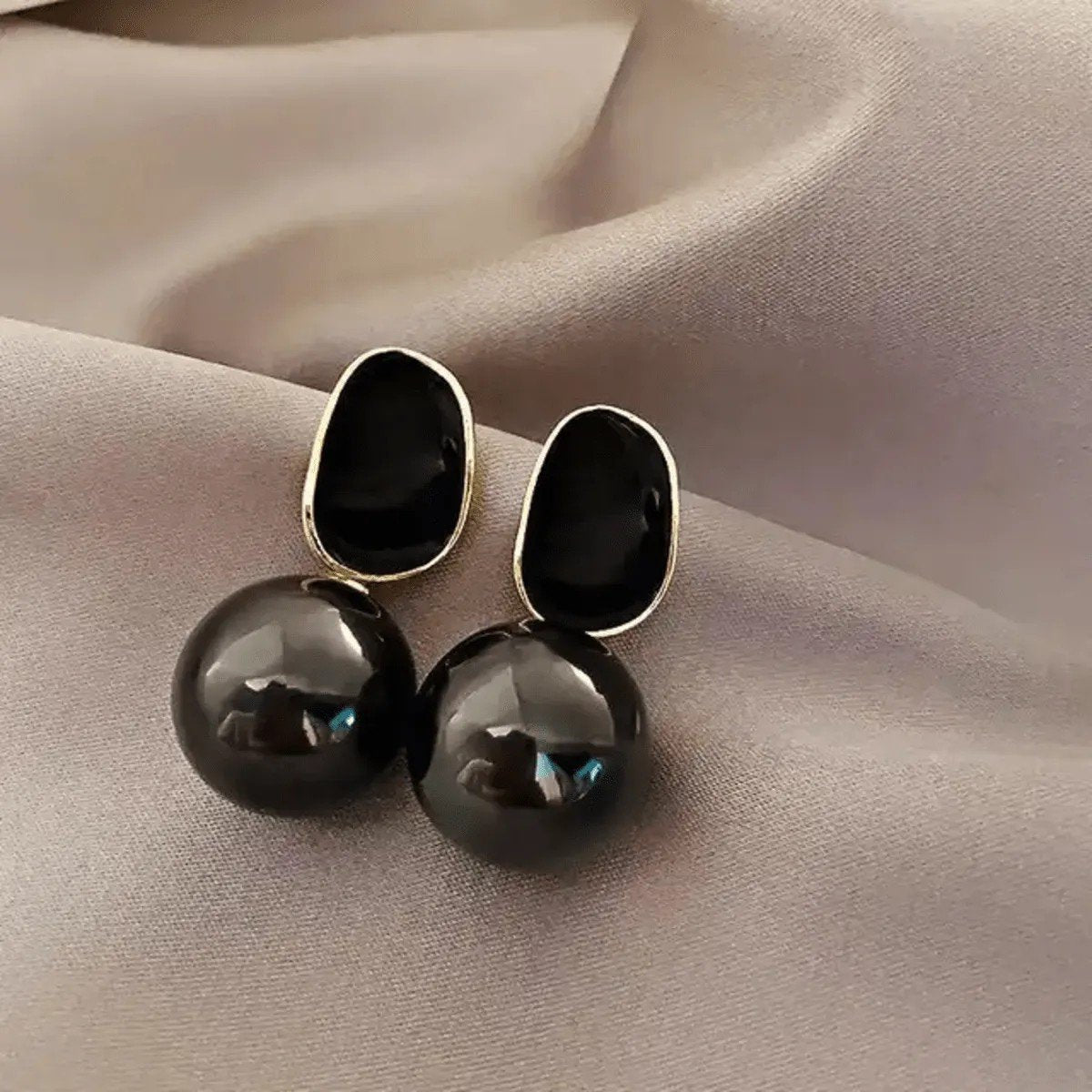 Black Oval Pearl Drop Earrings, view 3