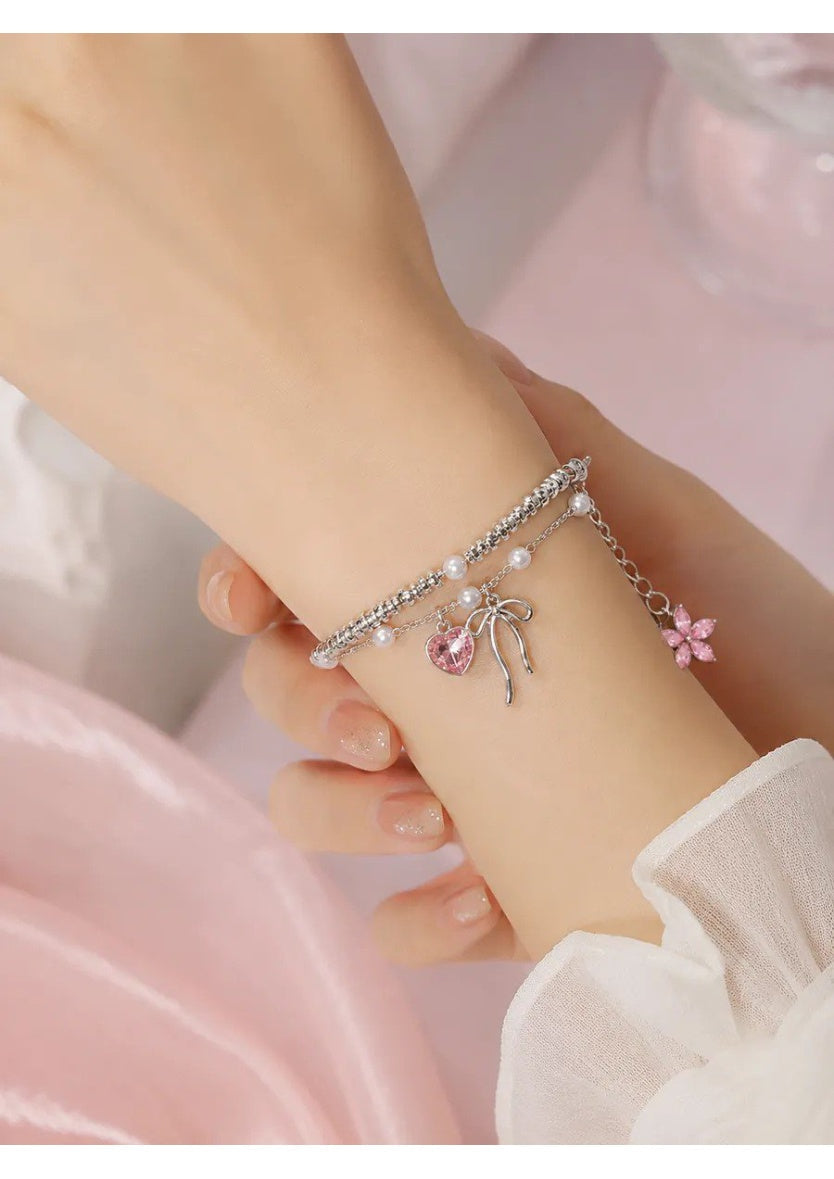 Elegant Silver Pink Heart Bow Layered Pearl Bracelet | Image 2