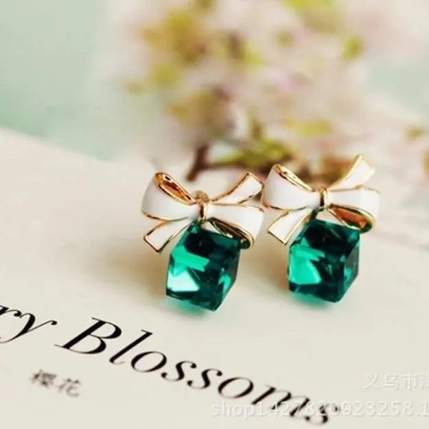 Green Cube Stone Bow Stud Earrings, view 4