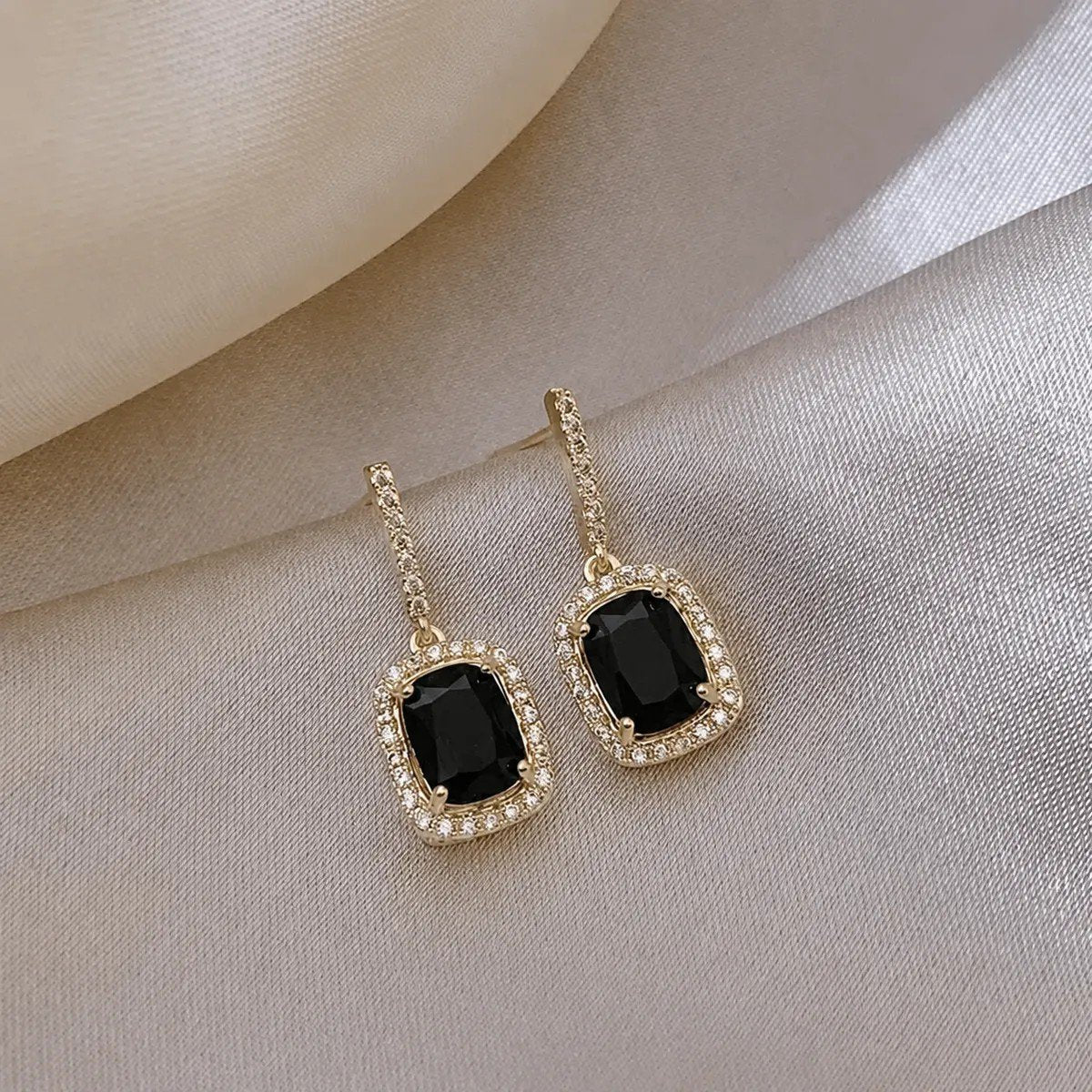 Black Square Crystal Halo Drop Earrings, view 4