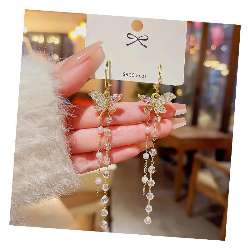 Crystal Pearl Beaded Long Tassel Earrings, view 4