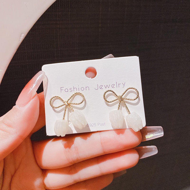 White Tulip Bow Drop Earrings, view 5
