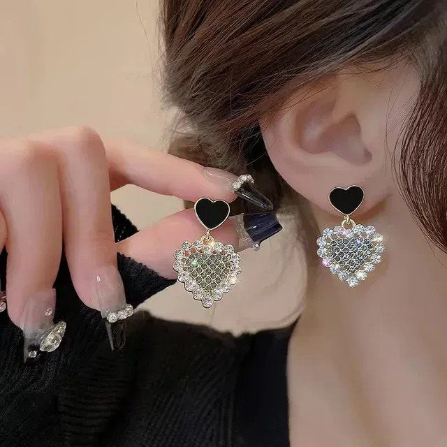 Black Heart Crystal Drop Earrings, view 3
