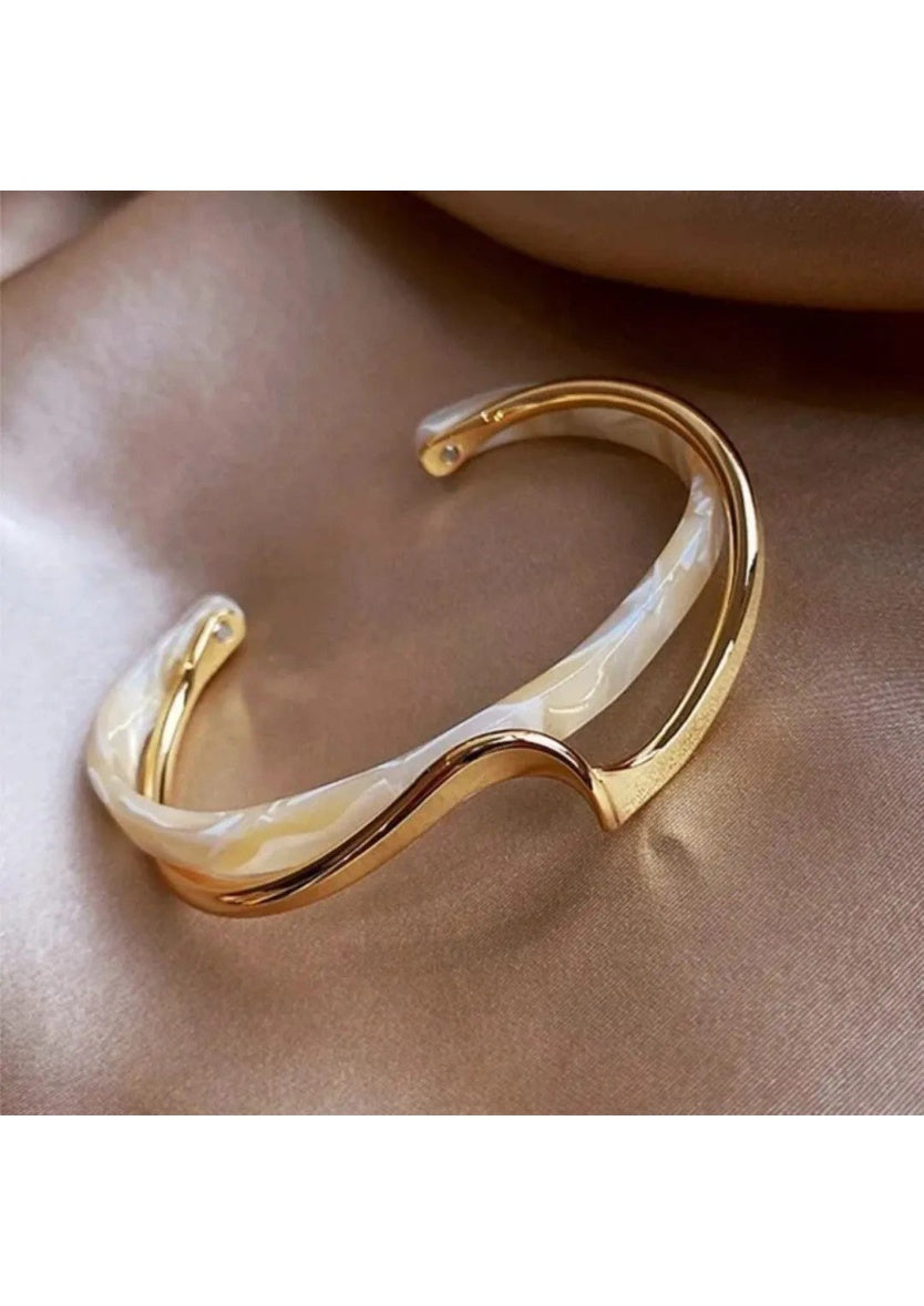 Gold Plated Wave Cuff Bangle with Faux Pearl | Image 3