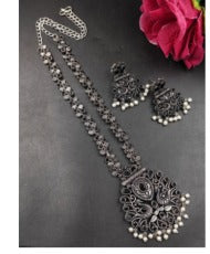 Aurex Silver Peacock Necklace Set – Design 28 (Black)