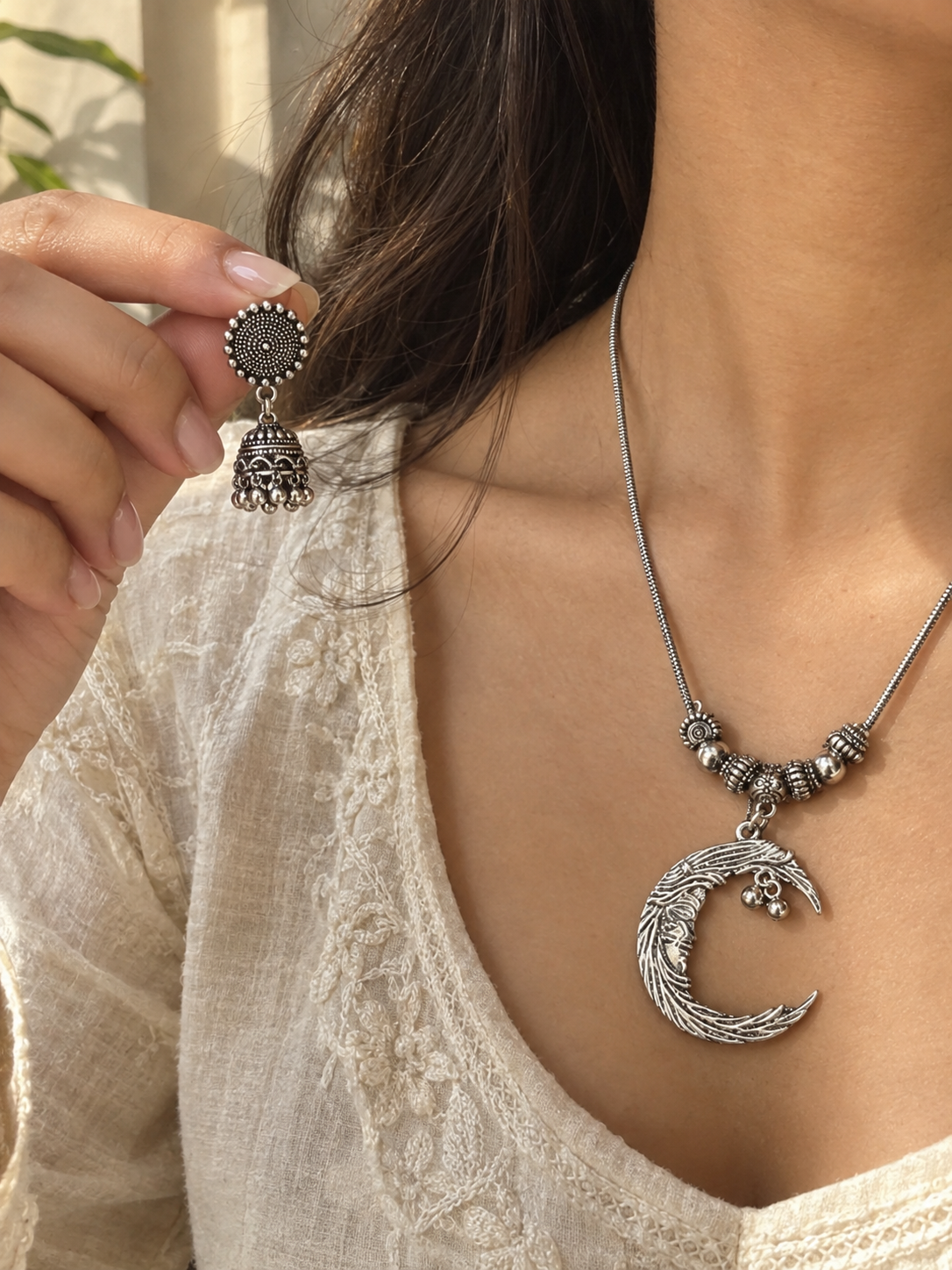 Crescent Moon Oxidised Chain Necklace with Jhumka Earrings