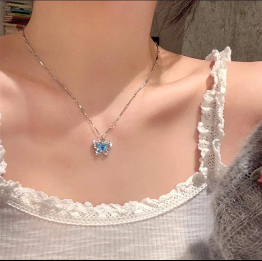 Blue Butterfly Pendant Necklace - view 2