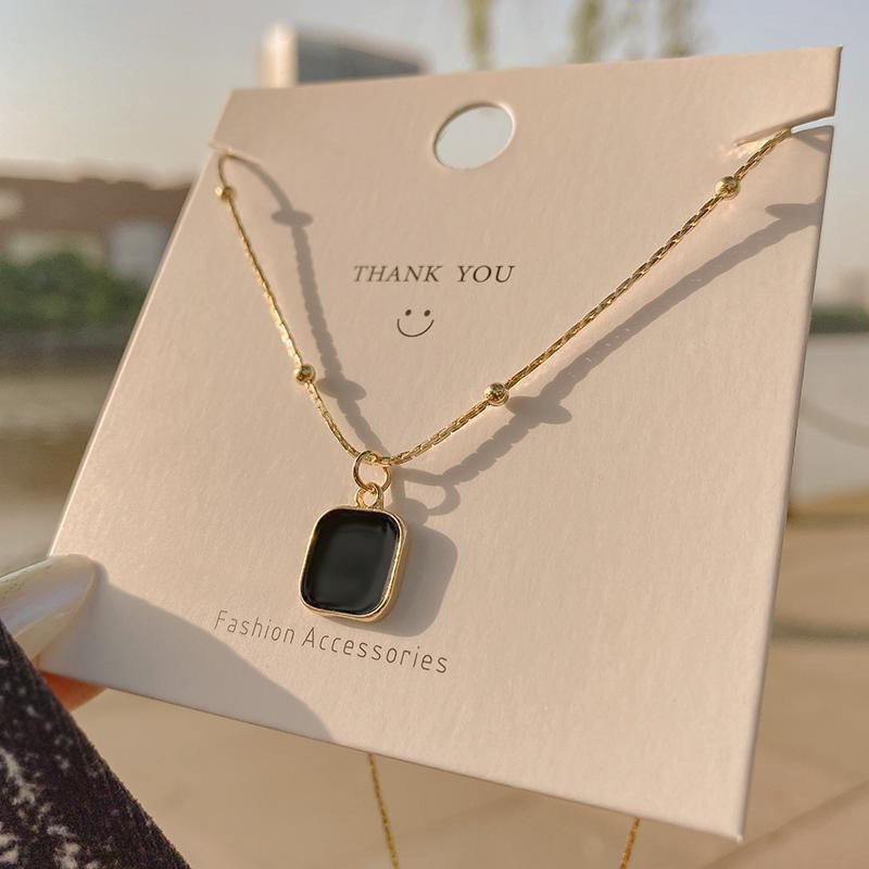 Black Square Pendant Gold-Plated Chain Necklace