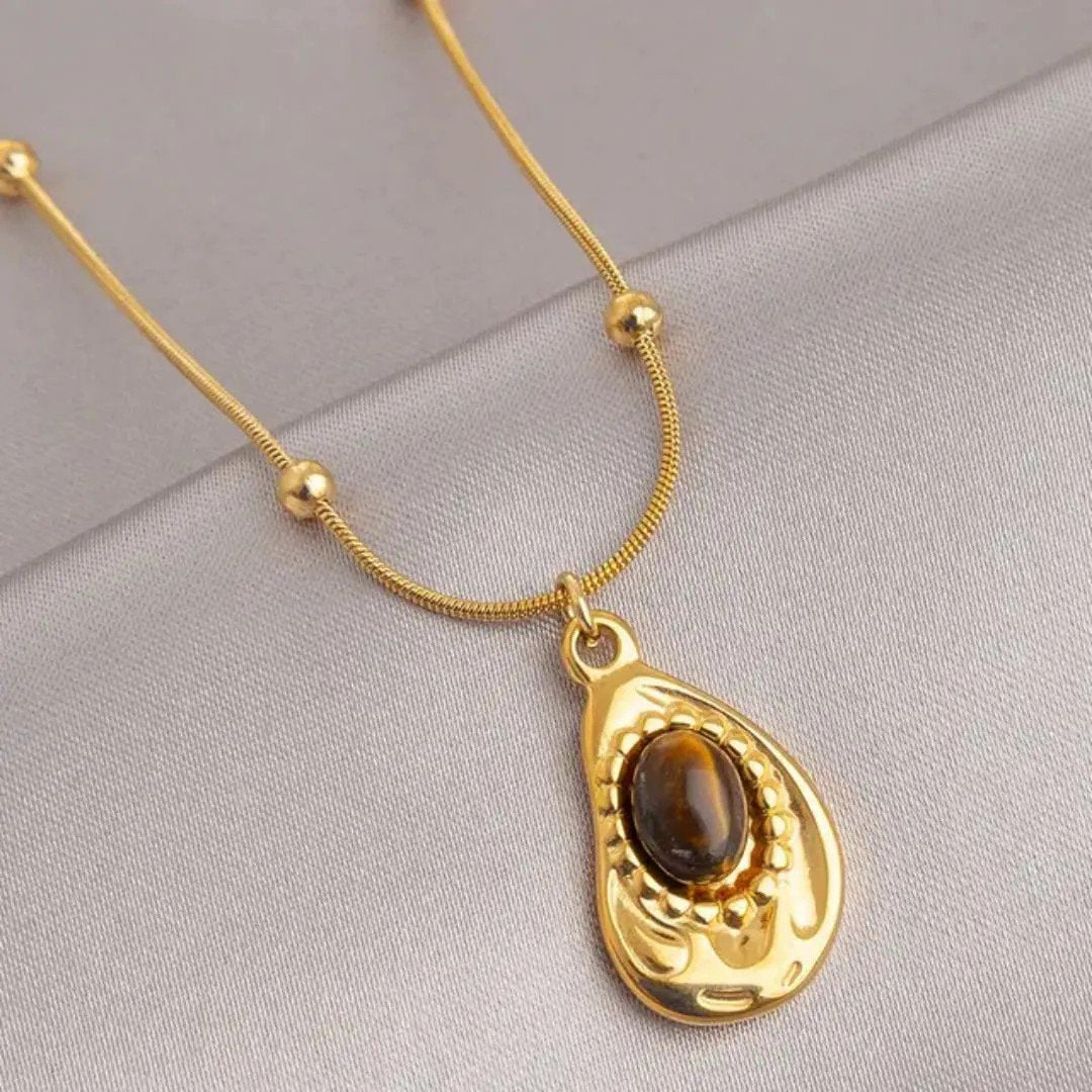 Oval Tiger Eye Pendant Necklace Stainless Steel - view 5