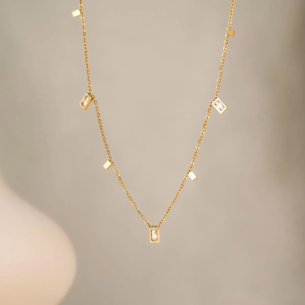 Gold Tone Stainless Steel Necklace with Rectangular Crystal Charms - view 5