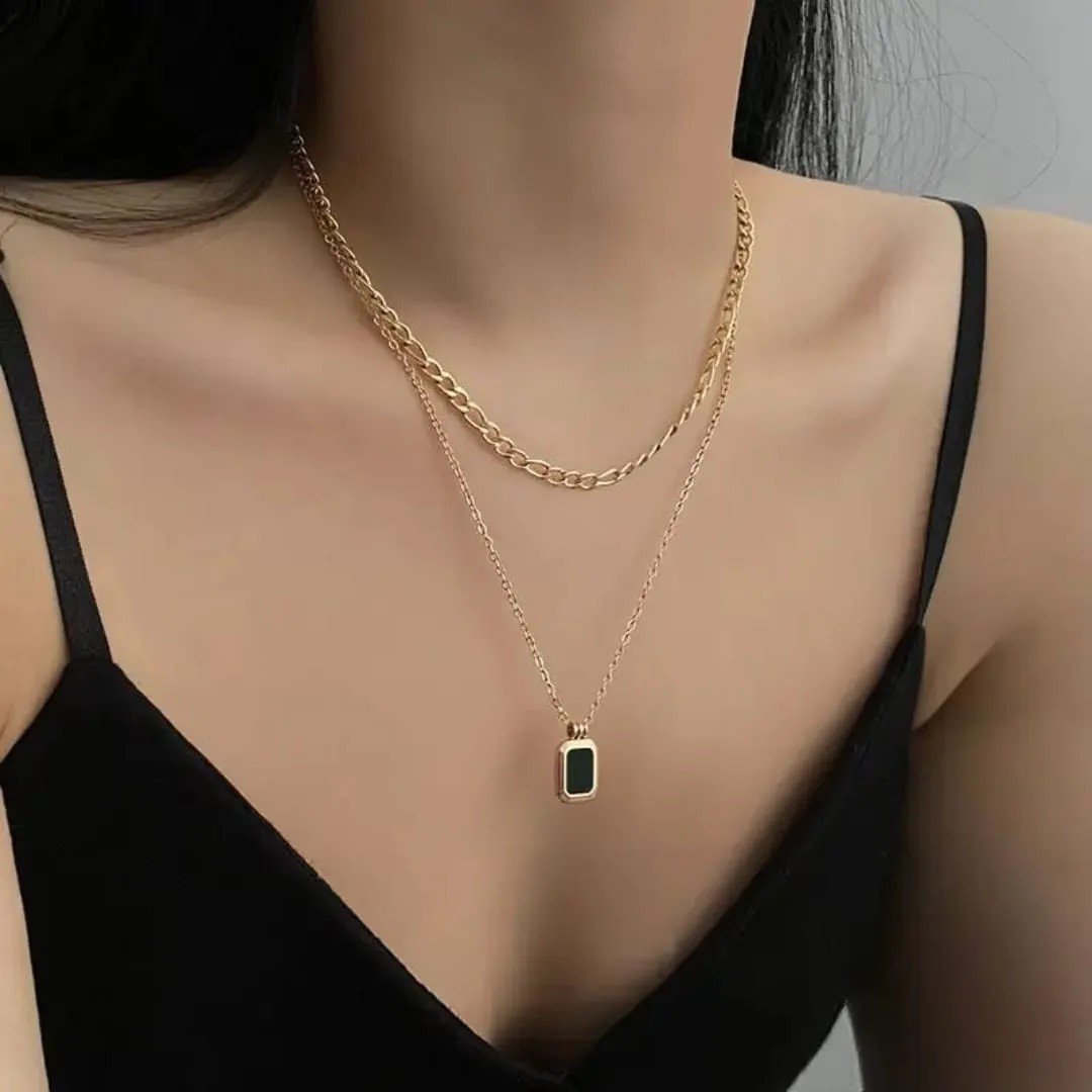 Korean Style Double Layered Gold-Plated Necklace with Black Charm Pendant