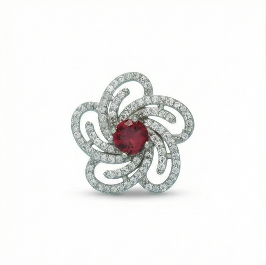 925 Sterling Silver Floral Swirl Red Stone Ring Jewellery for Women