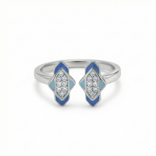 925 Sterling Silver Blue Enamel Geometric Open Cuff Ring Jewellery for Women