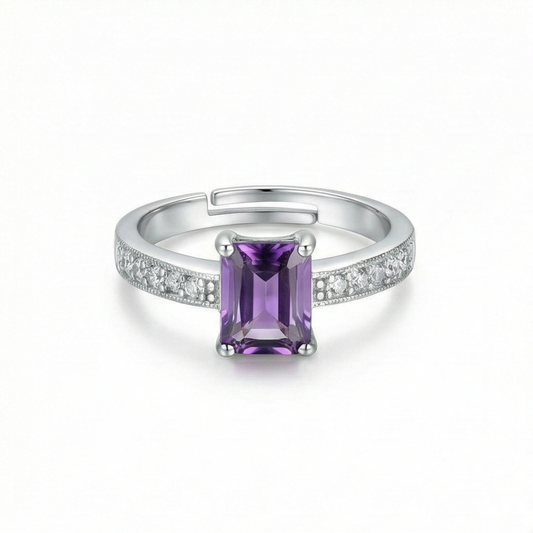 925 Sterling Silver Emerald Cut Purple Stone Adjustable Ring Jewellery for Women
