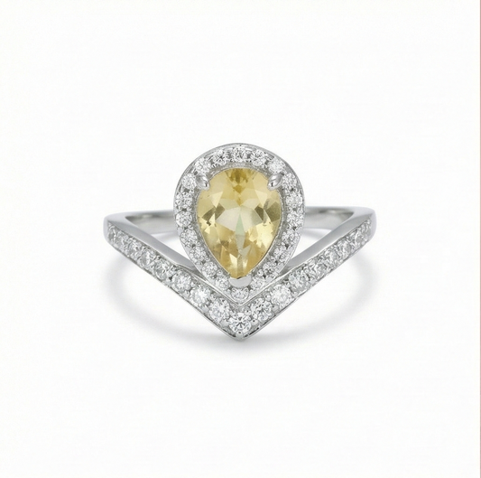 925 Sterling Silver Pear Shaped Yellow Stone Chevron Halo Ring Jewellery for Women
