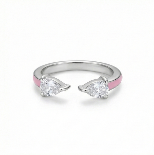 925 Sterling Silver Pear Stone Pink Enamel Open Cuff Ring Jewellery for Women
