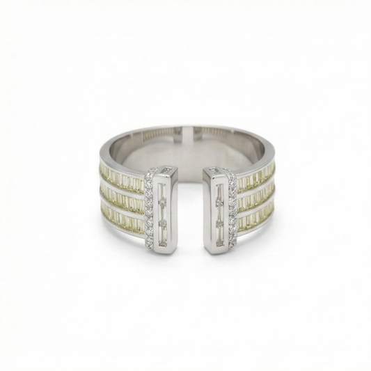 925 Sterling Silver Wide Band Baguette Yellow Stone Open Ring Jewellery for Women
