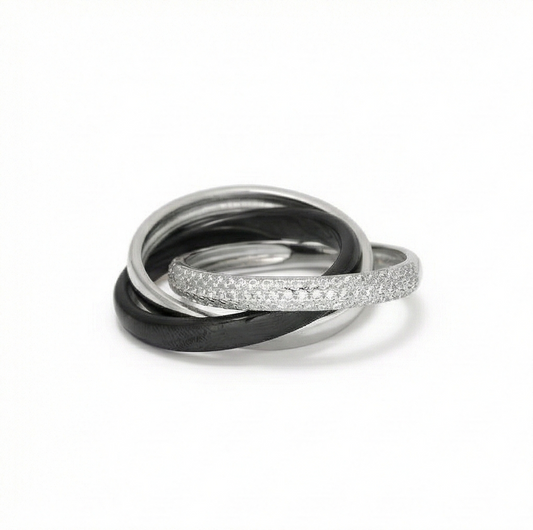 925 Sterling Silver Triple Interlocking Rolling Ring Jewellery with High Polish and Black Matte Finish for Women