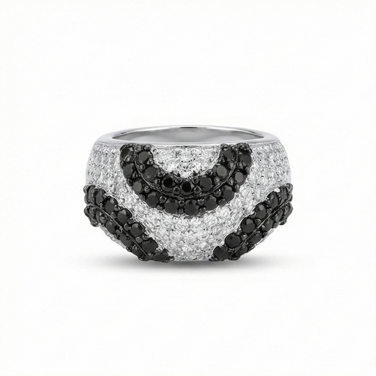 925 Sterling Silver Black & White Swirl Pattern Dome Ring High Polish Rhodium Jewellery | Size 6