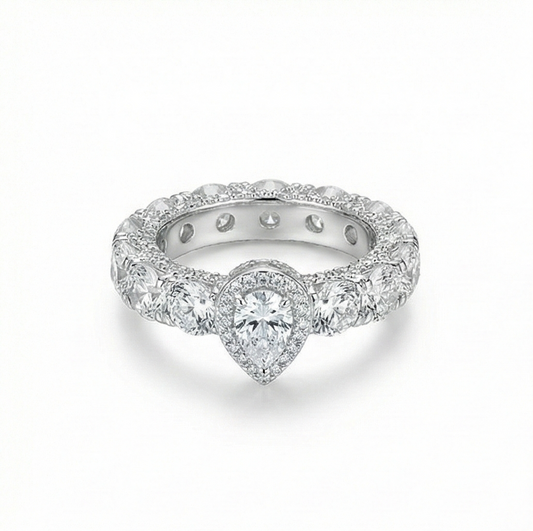 925 Sterling Silver Pear Halo Eternity Band Ring High Polish Rhodium Jewellery