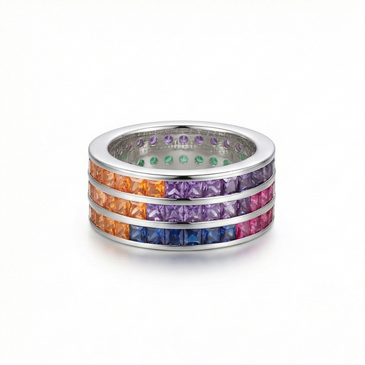 925 Sterling Silver Rainbow Multi-Row Band Ring High Polish Rhodium Jewellery | Size 7