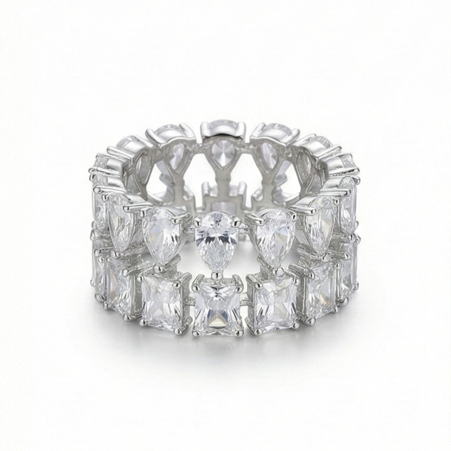 925 Sterling Silver Double Row Statement Ring High Polish Rhodium Finish Elegant Jewellery for Women
