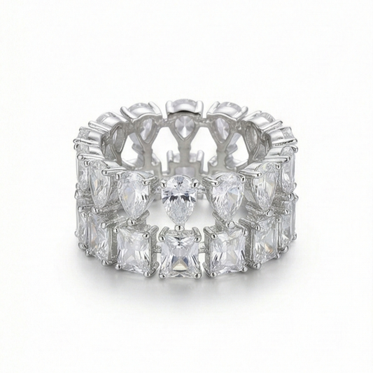 925 Sterling Silver Double Row Statement Ring High Polish Rhodium Finish Elegant Jewellery for Women