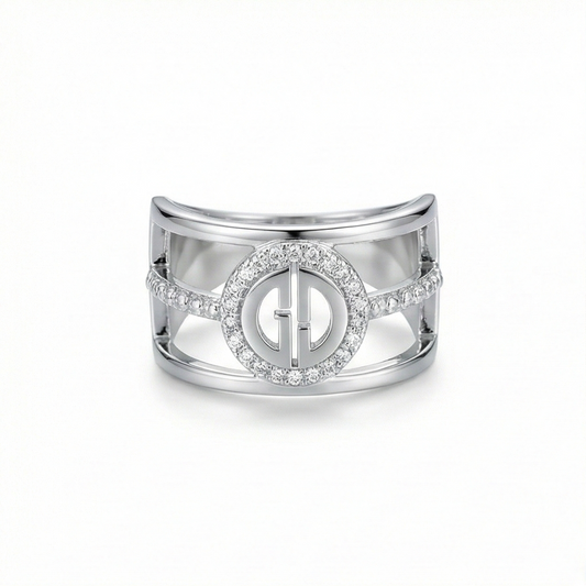 925 Sterling Silver Wide Cutout Geometric Ring High Polish Rhodium Finish Contemporary Jewellery | Size 6