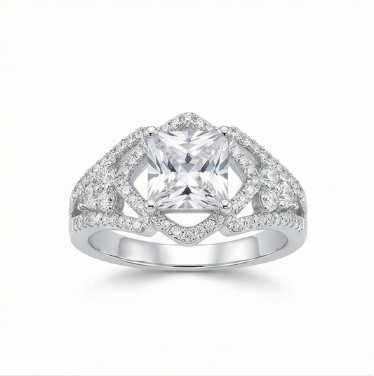 925 Sterling Silver Princess Cut Halo Ring High Polish Rhodium Finish Statement Jewellery for Women | Size 8