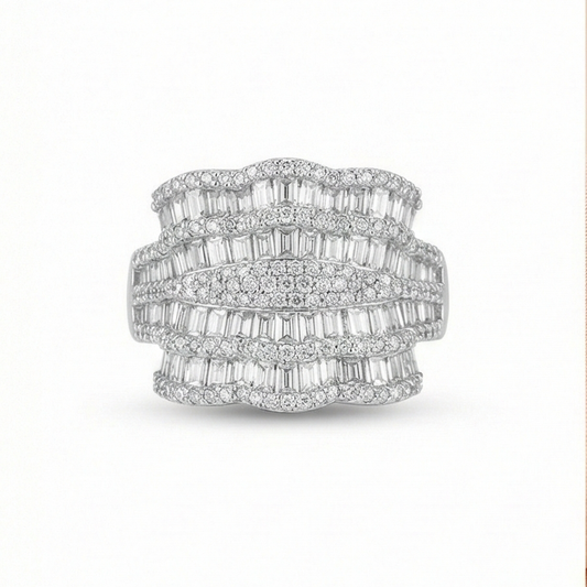925 Sterling Silver Multi-Row Cocktail Ring High Polish Rhodium Finish Glamour Jewellery for Women | Size 7
