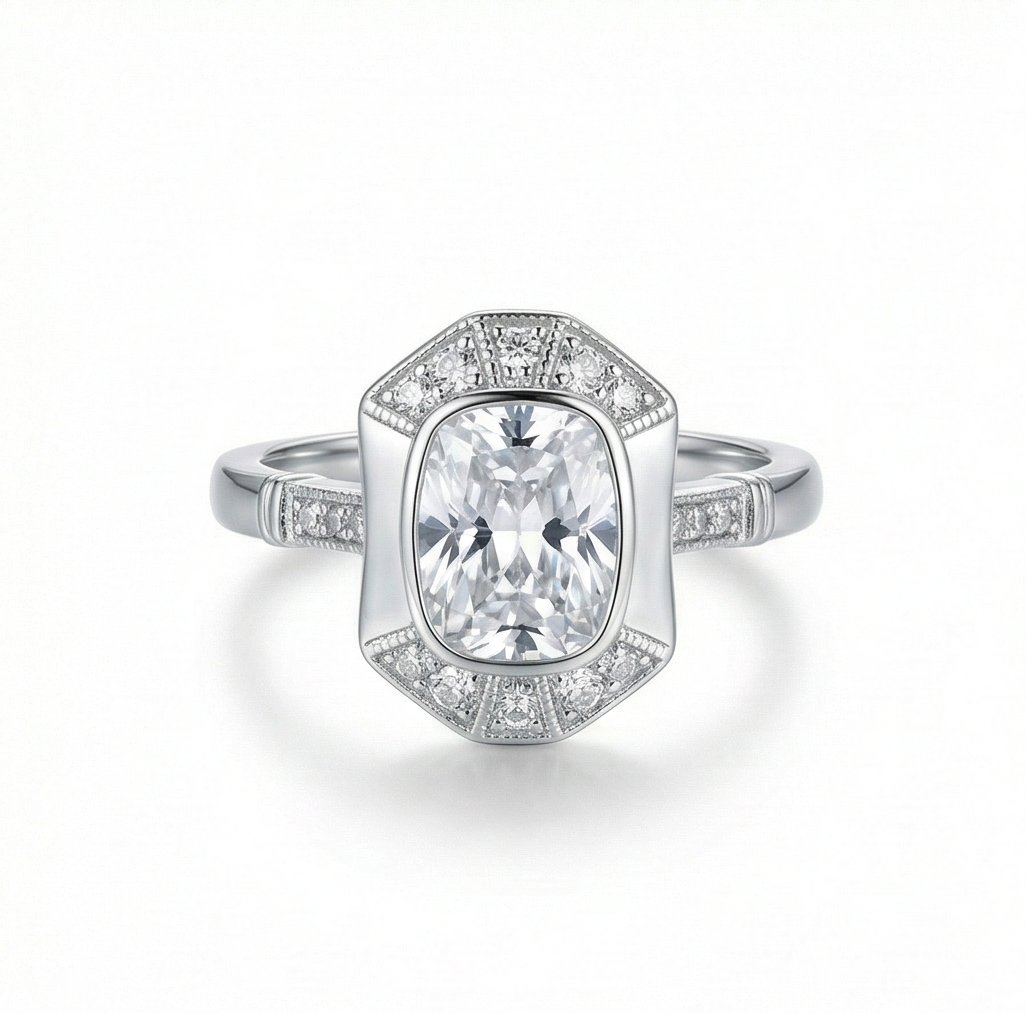 925 Sterling Silver Vintage Art Deco Halo Ring High Polish Rhodium Finish Classic Jewellery | Size 6