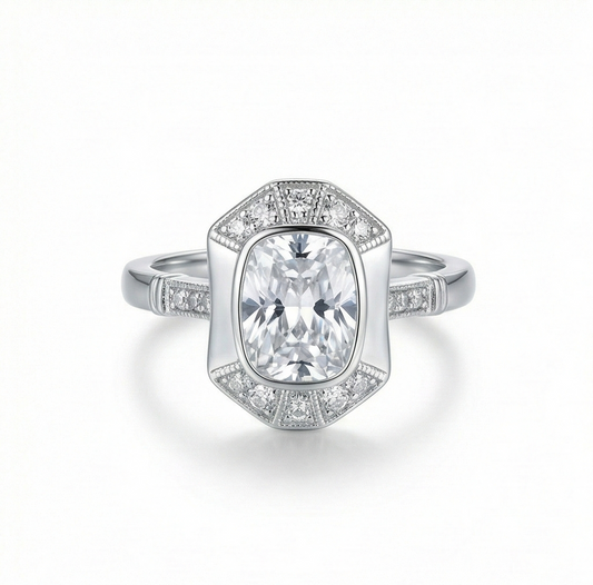 925 Sterling Silver Vintage Art Deco Halo Ring High Polish Rhodium Finish Classic Jewellery | Size 6
