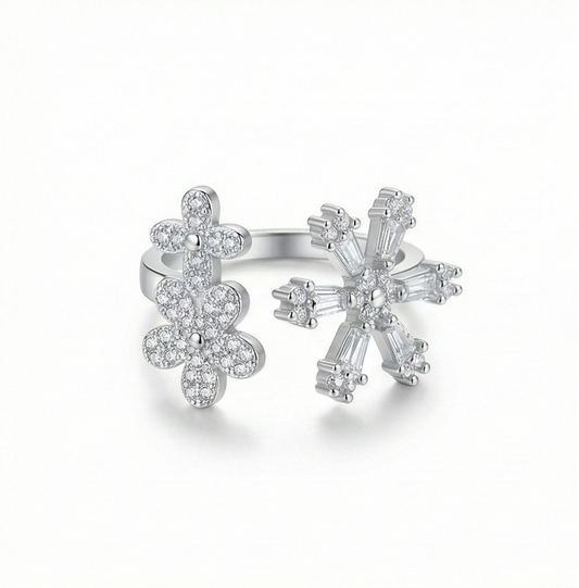 925 Sterling Silver Floral Snowflake Open Bypass Ring High Polish Rhodium Finish Delicate Jewellery