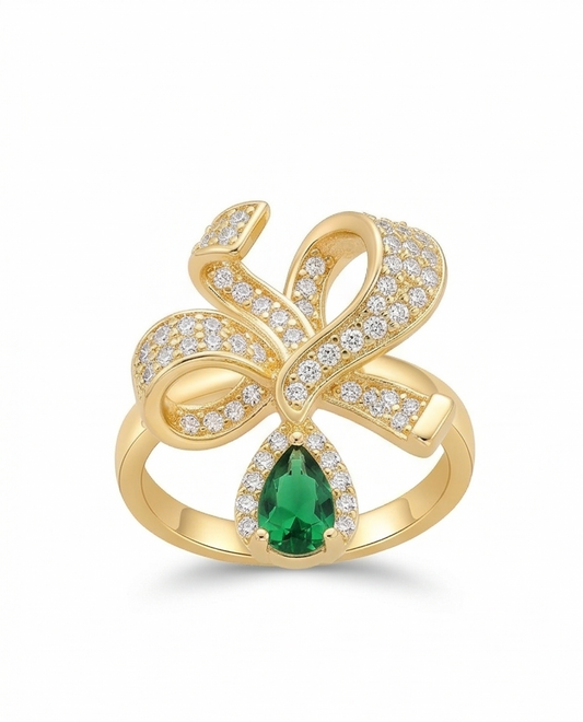 925 Sterling Silver Bow Ribbon Green Drop Ring Yellow Gold Finish Jewellery for Women | Size 6