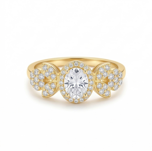 925 Sterling Silver Oval Clear Halo Floral Ring Yellow Gold Finish Jewellery for Women | Size 7