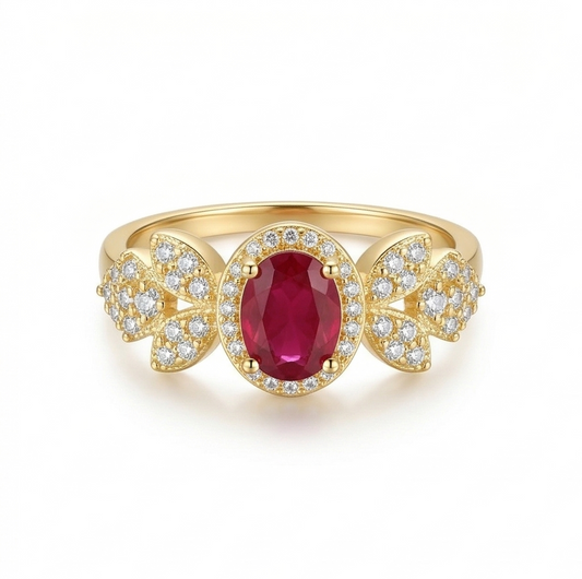 925 Sterling Silver Oval Red Halo Floral Ring Yellow Gold Finish Jewellery for Women | Size 8