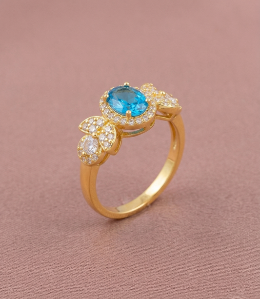 925 Sterling Silver Oval Blue Halo Floral Ring Yellow Gold Finish Jewellery for Women | Size 6
