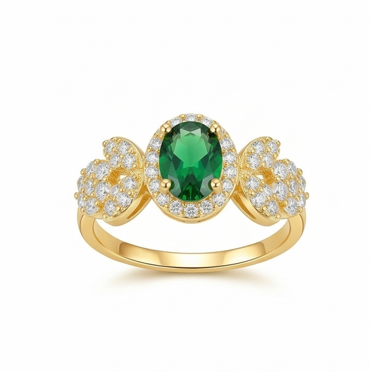 925 Sterling Silver Oval Green Halo Floral Ring Yellow Gold Finish Jewellery for Women | Size 7