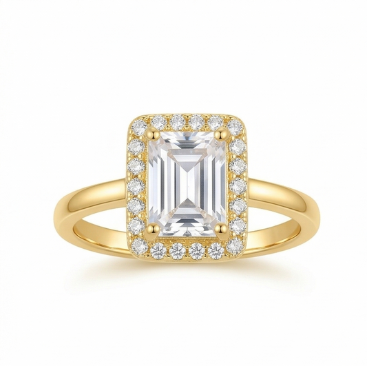 925 Sterling Silver Clear Emerald Cut Halo Ring Yellow Gold Finish Jewellery for Women | Size 7