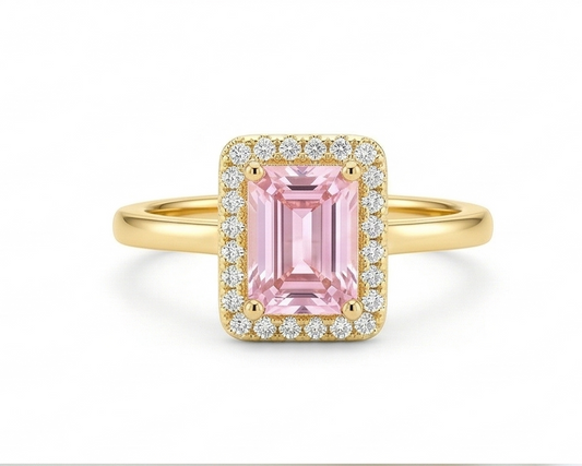 925 Sterling Silver Pink Emerald Cut Halo Ring Yellow Gold Finish Jewellery for Women | Size 9