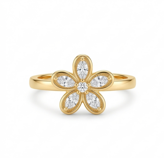 925 Sterling Silver Clear Floral Ring Yellow Gold Finish Jewellery for Women | Size 7