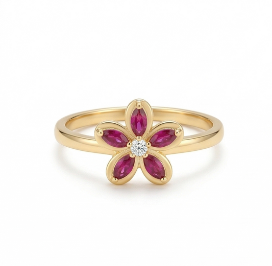 925 Sterling Silver Red Floral Ring Yellow Gold Finish Jewellery for Women | Size 8