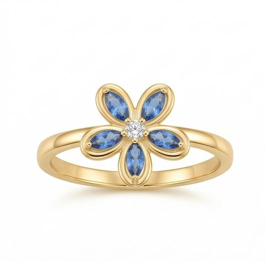 925 Sterling Silver Blue Floral Ring Yellow Gold Finish Jewellery for Women | Size 7
