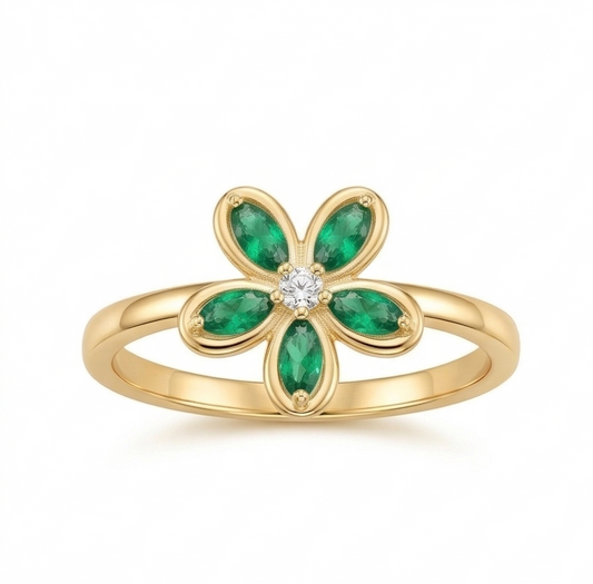 925 Sterling Silver Green Floral Ring Yellow Gold Finish Jewellery for Women | Size 9