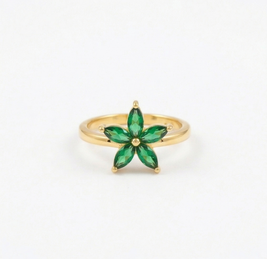 925 Sterling Silver Green Starburst Floral Ring Yellow Gold Finish Jewellery for Women | Size 7