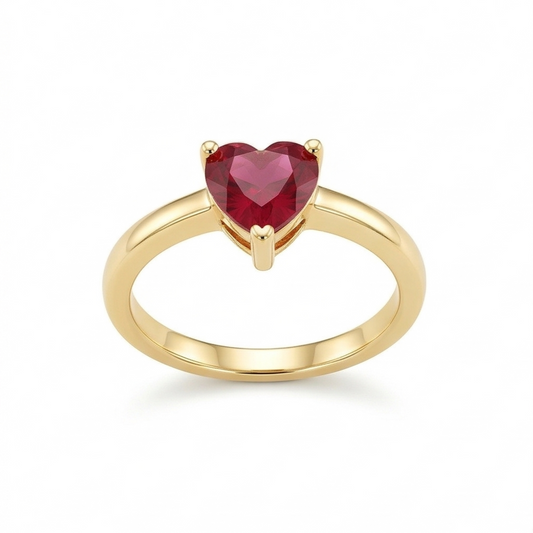 925 Sterling Silver Red Heart Solitaire Ring Yellow Gold Finish Jewellery for Women | Size 7