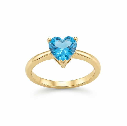 925 Sterling Silver Blue Heart Solitaire Ring Yellow Gold Finish Jewellery for Women | Size 8
