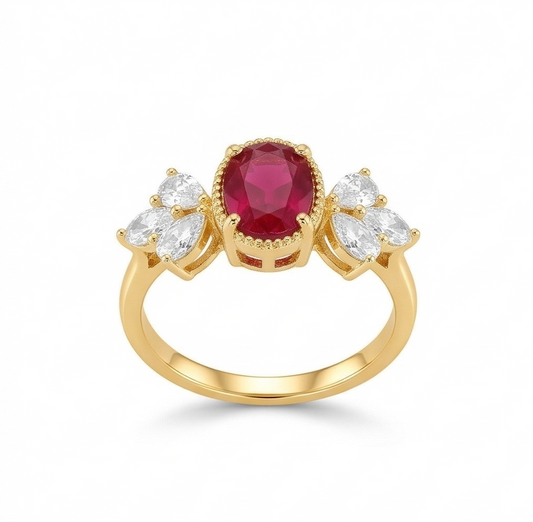 925 Sterling Silver Red Oval Vintage Ring Yellow Gold Finish Jewellery for Women | Size 7