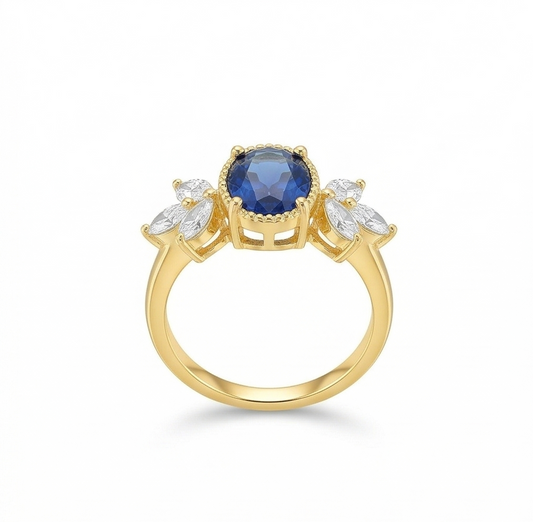 925 Sterling Silver Blue Oval Vintage Ring Yellow Gold Finish Jewellery for Women | Size 7