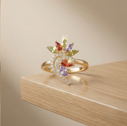 925 Sterling Silver Multi-Color Floral Swirl Ring Yellow Gold Finish Jewellery for Women | Size 6